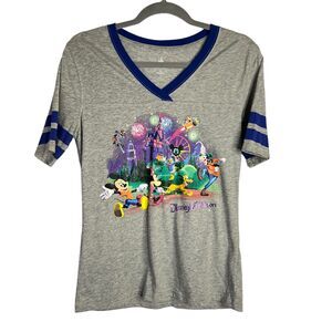 Walt Disney World Parks Women Medium V Neck Graphic Shirt Varsity Stripes Castle